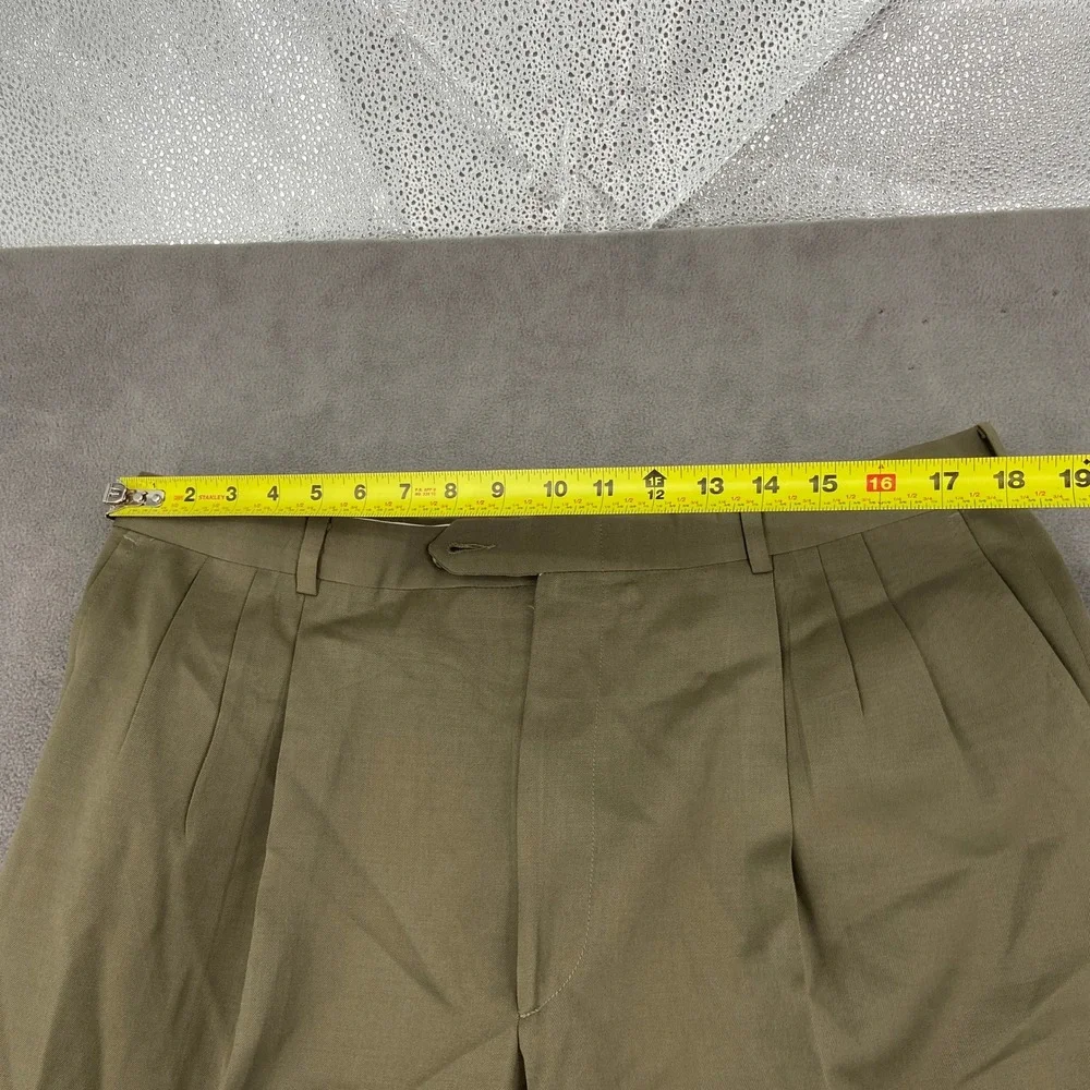 Berle‎ Tailored Mens Pleated Trousers Olive Green Khaki Cuffed Dress Pants 35x29